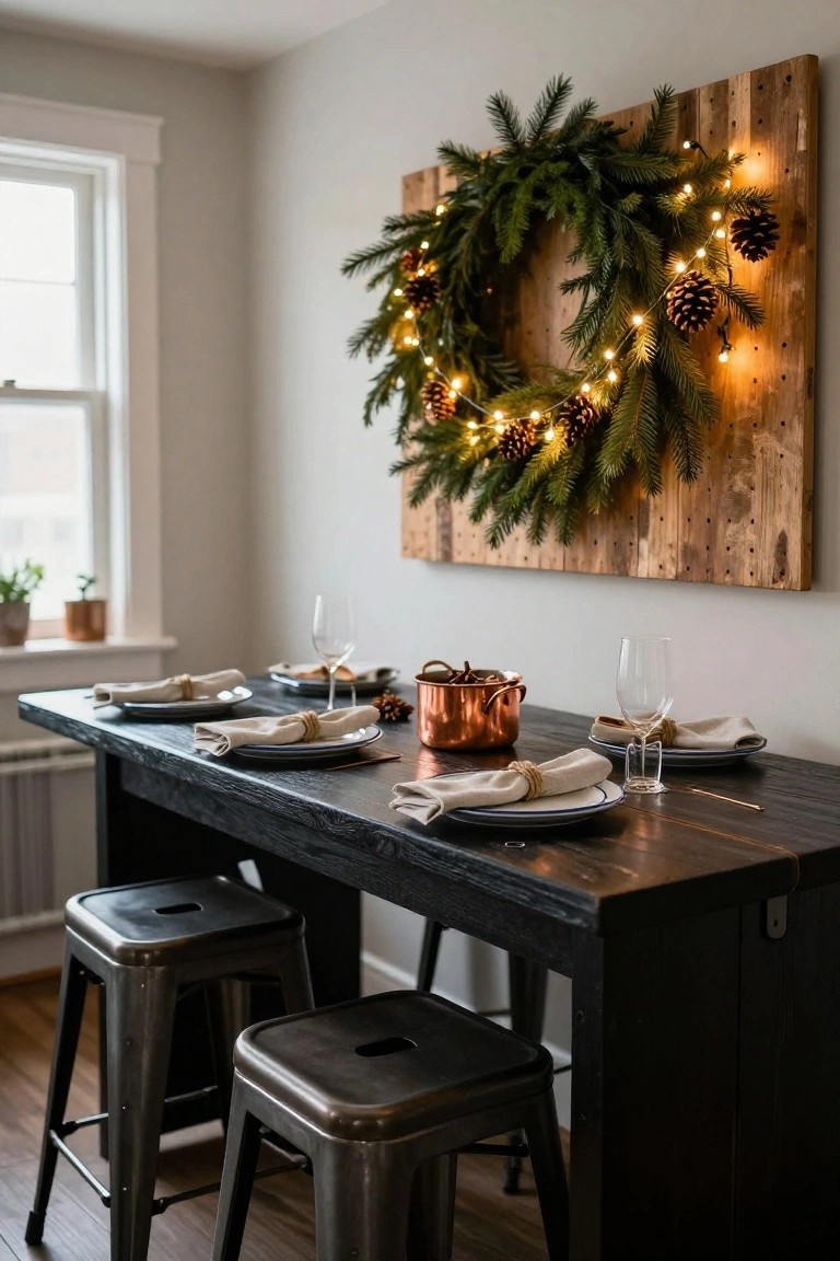 Dining table with black wood top, set with white plates, linen napkins tied with twine, wine glasses, and copper pot containing pinecones, under a large evergreen wreath with pinecones and white lights mounted on a vertical wooden plank wall in a light gray room with window and plants.