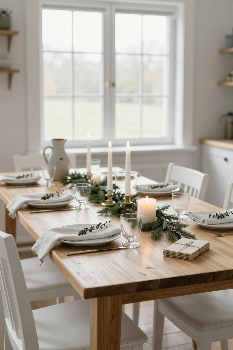 Wooden farmhouse dining table set with white plates, linen napkins garnished with greenery, glasses, and a central runner of evergreen branches with lit taper candles in gold holders, in a bright white kitchen-dining room with large windows.