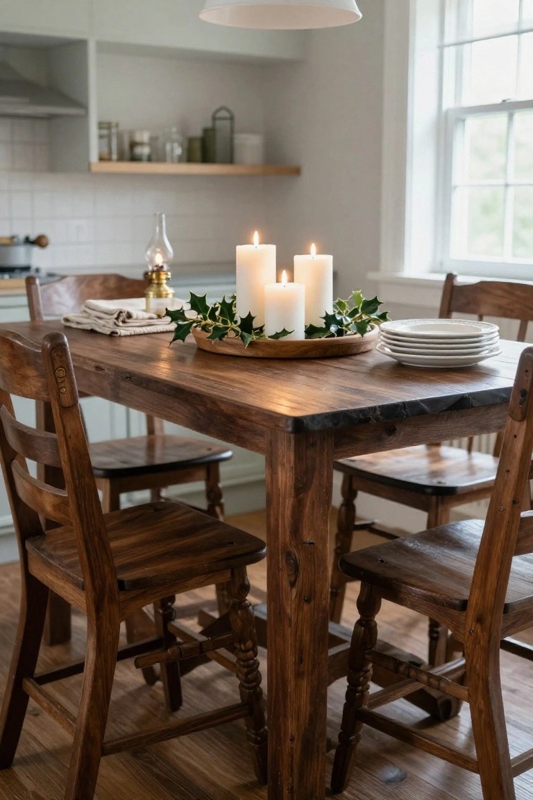 Rustic wooden dining table with candles, holly decoration, and stacked white plates.