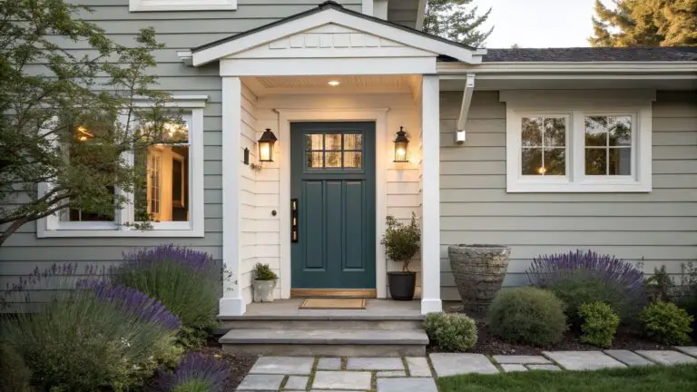Gray shingle siding house with navy blue front door under white gabled porch, flanked by black lanterns, potted plants in black containers, stone steps, and lavender shrubs.