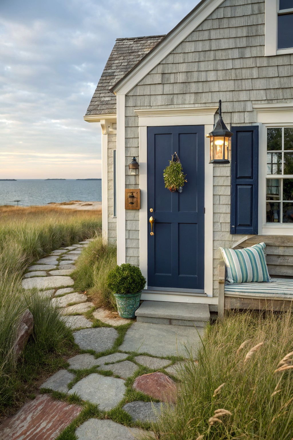 Gray shingle house exterior featuring a navy blue double front door with brass knocker, flanked by lanterns and a greenery wreath, stone stepping path leading through beach grass to the ocean backdrop.