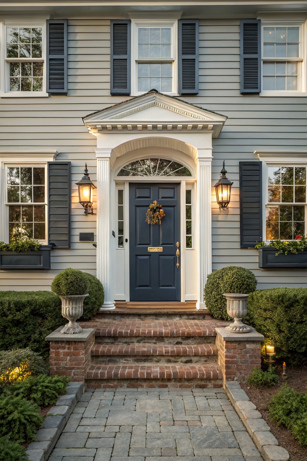 Light gray clapboard house exterior featuring a navy blue front door with brass knocker and fall wreath, white portico with columns, black shutters, brick entry steps, paver pathway, boxwood shrubs in urns, and landscape lighting.