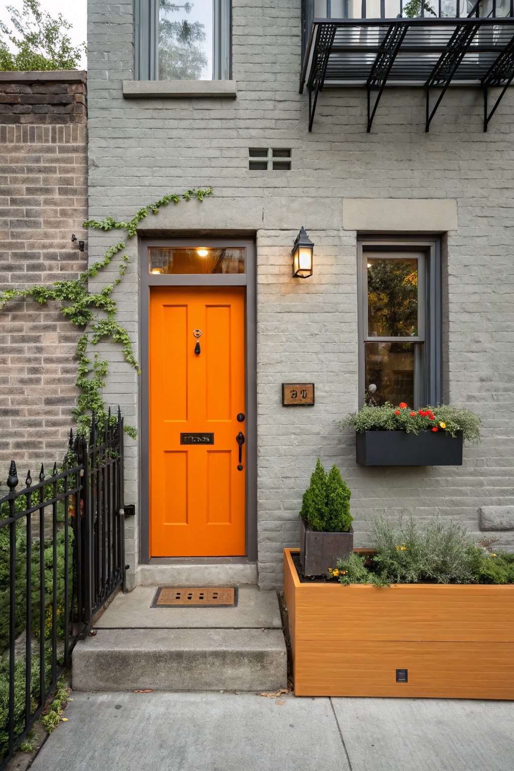 Gray brick townhouse exterior with orange front door, ivy on the wall, black metal railing, window box with flowers, lantern light, and wooden sidewalk planters.
