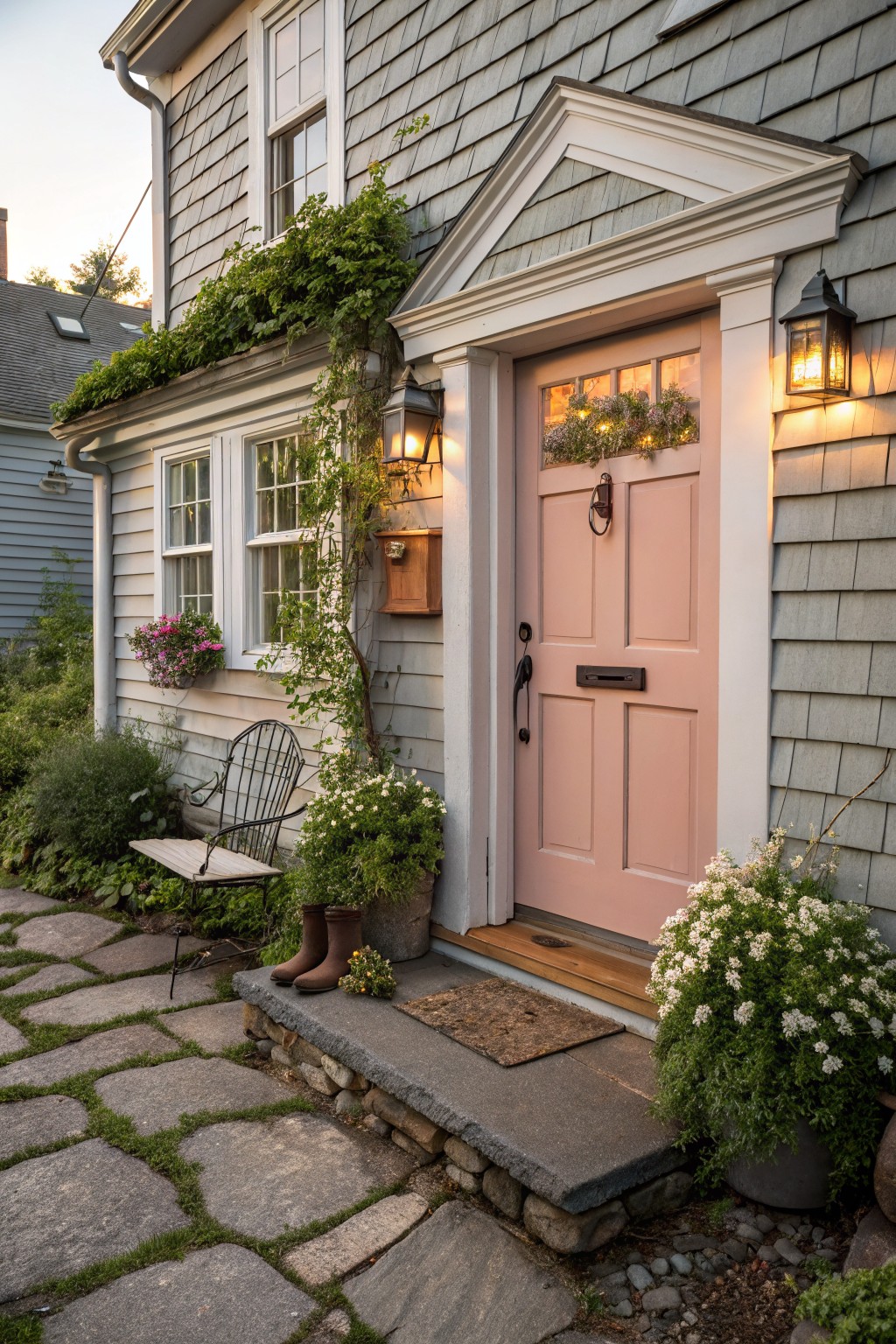 Gray shingle house exterior with pink front door, white trim pediment, climbing vines, potted plants, lanterns, and stone pathway steps.