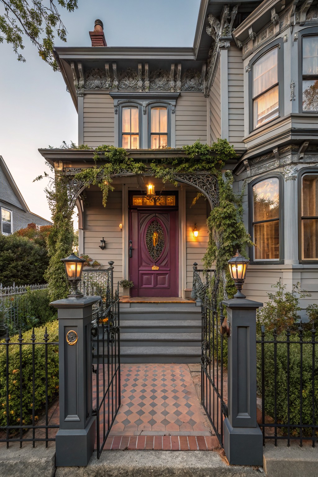 Gray Victorian house exterior featuring a deep purple oval front door with gold details, flanked by lanterns, ivy-covered porch, black wrought iron gate, and landscaping at dusk.
