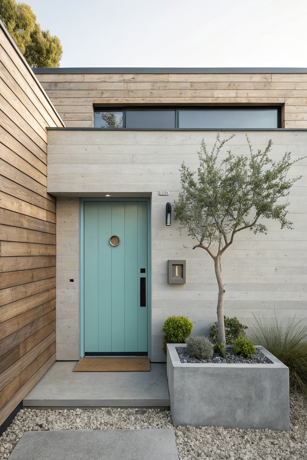 Contemporary house exterior with vertical cedar wood cladding on left, smooth gray stucco on right, light turquoise paneled front door with porthole window, black wall light, metal mailbox, doormat, and concrete planter holding olive tree and low shrubs beside concrete steps and gravel ground.