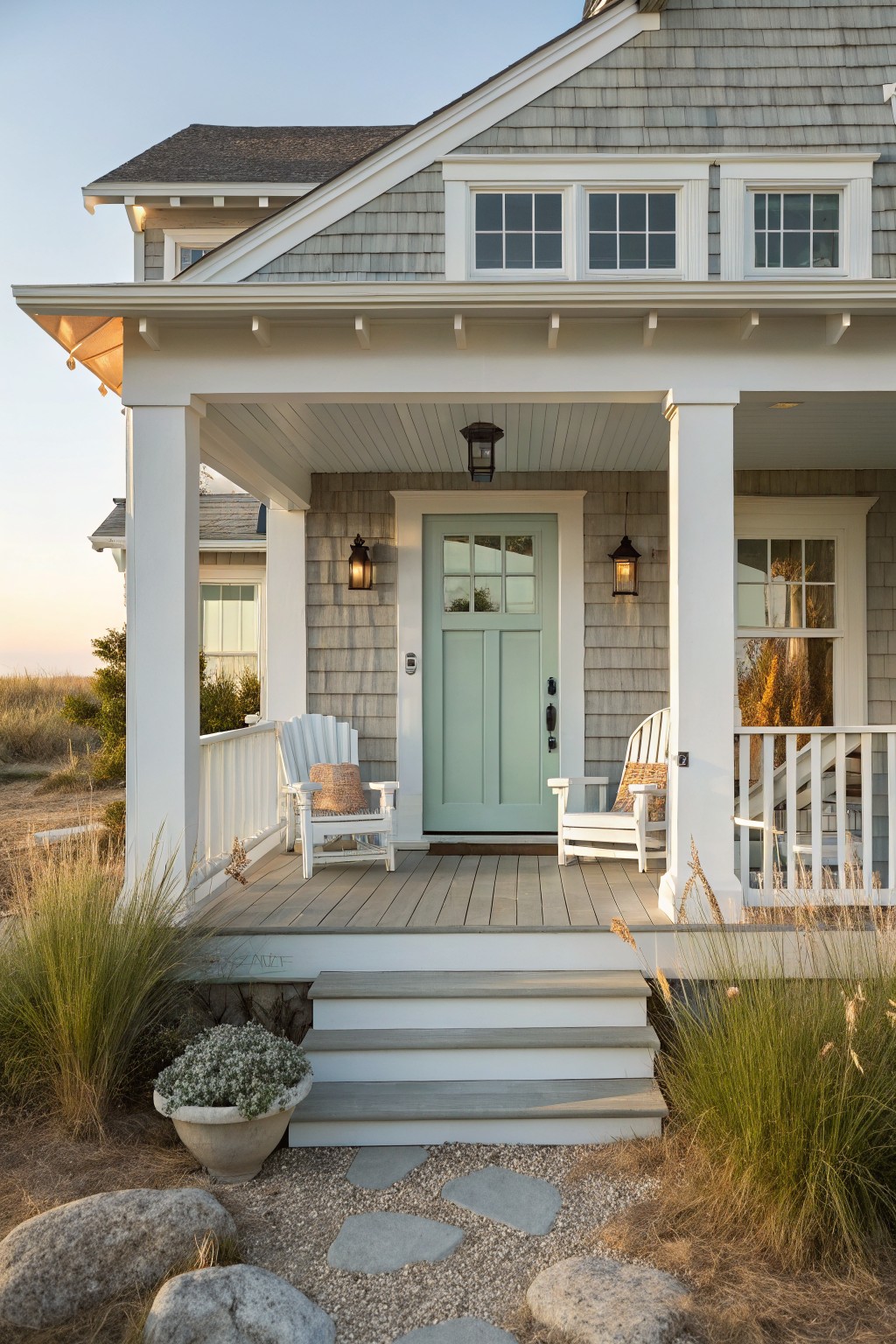 Gray shingle house exterior featuring a teal paneled front door under a covered porch with white columns and Adirondack chairs, steps leading to a gravel path with grasses and rocks.