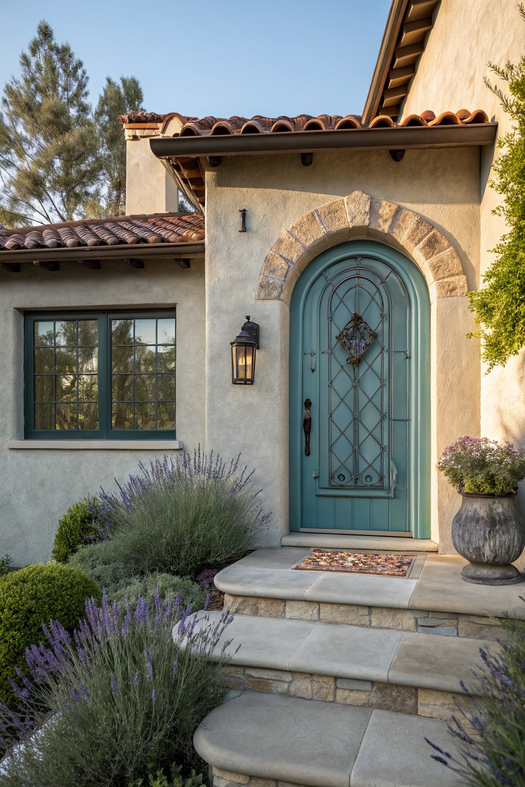 Teal arched front door with wrought iron grille and handle on beige stucco house exterior next to a green window, stone steps, lantern light, potted plant, and lavender shrubs.