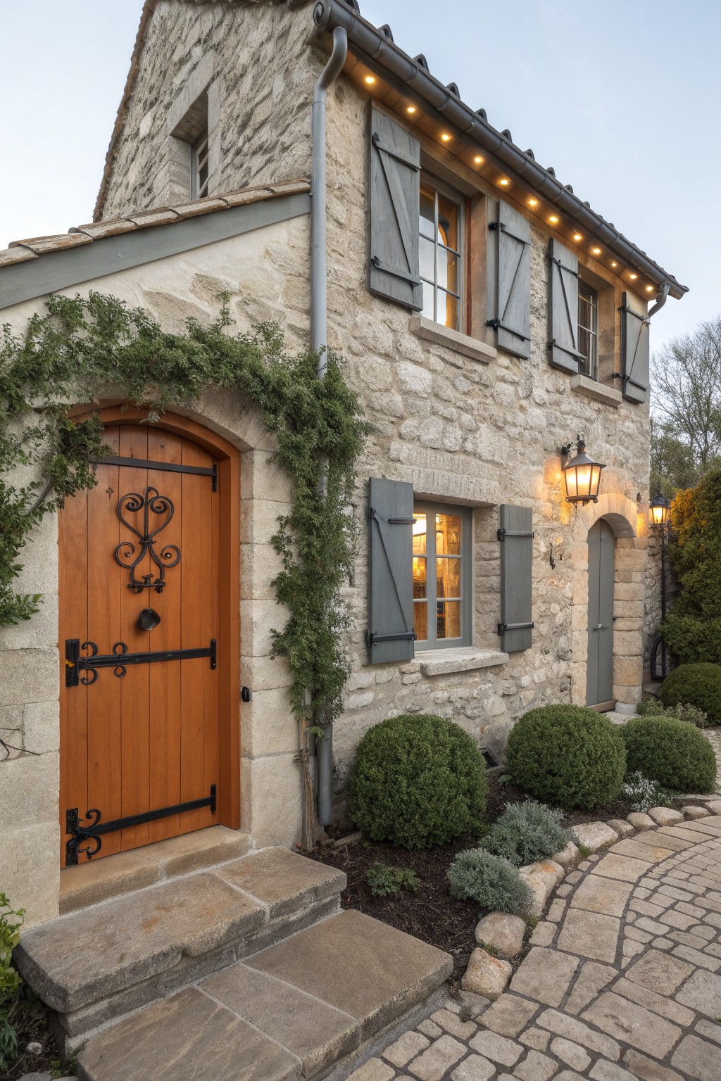 Stone house exterior with arched orange wooden front door featuring wrought-iron knocker and hinges, gray shutters on multi-pane windows, wall lanterns, ivy climbing the archway, boxwood shrubs, and curved stone pathway.