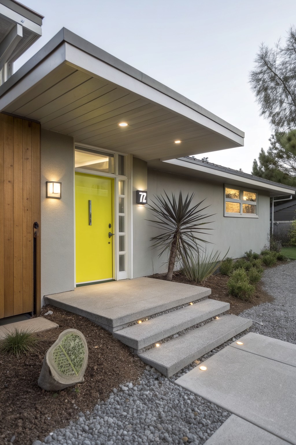 Gray mid-century modern house exterior featuring a bright yellow front door, wood side paneling, concrete entry steps with lighting, and gravel landscaping with agave plants.