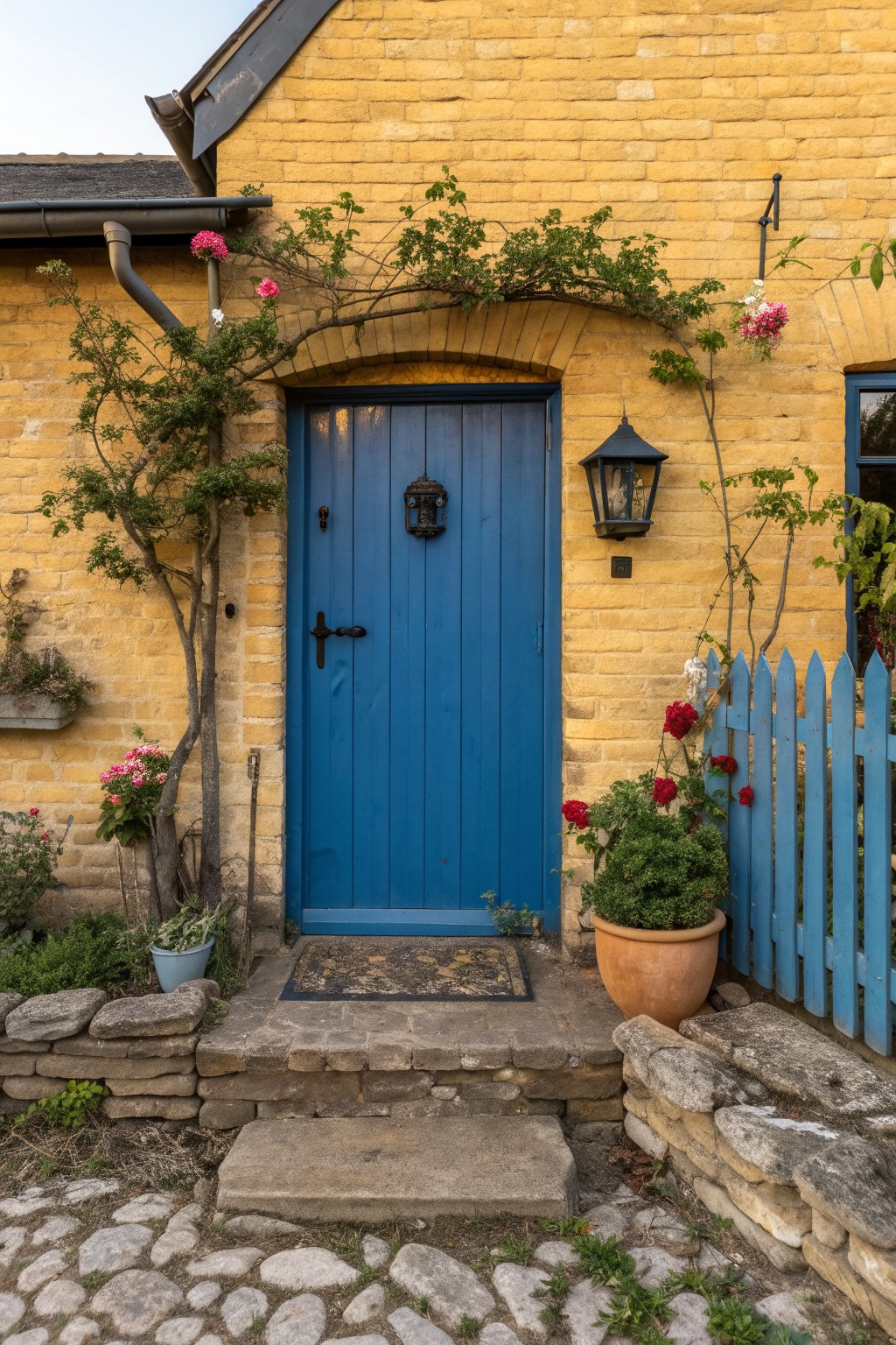 Yellow brick house exterior with a blue wooden front door, black lantern light, climbing vines and flowers, potted plants, stone steps, and blue picket fence.