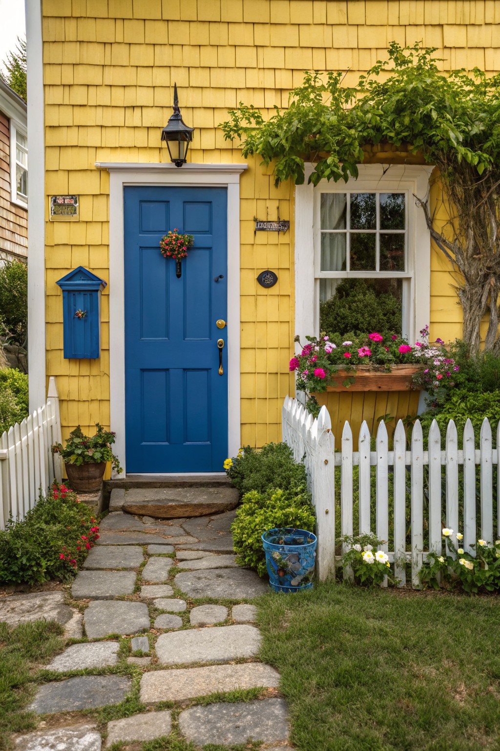 Yellow shingled house exterior featuring a blue front door with white trim, flanked by a blue mailbox and flower wreath, white picket fence, flower boxes, and stone pathway.