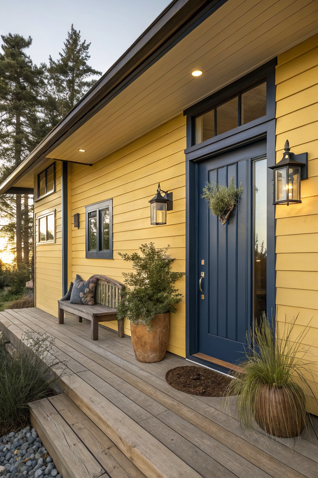 Yellow clapboard house exterior featuring a navy blue front door with sidelight, flanked by black lanterns, a wooden porch bench with pillows, potted plants, and steps leading to a deck amid trees at dusk.
