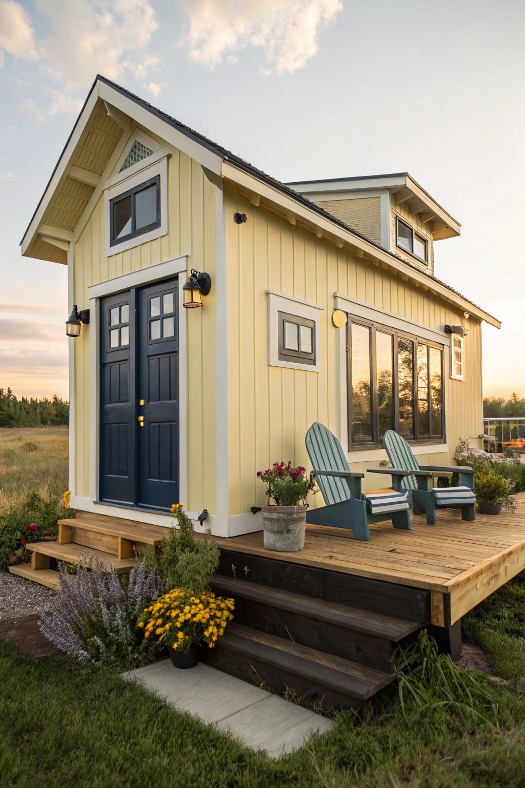 Small two-story yellow clapboard house with dark blue double front doors, lanterns on either side, wooden deck porch holding two turquoise Adirondack chairs and potted plants, steps leading to grass and flowers.