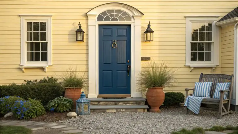 Pale yellow clapboard house exterior with deep blue paneled front door, brass knocker and knob, flanked by wall lanterns, large blue ceramic pots with plants, wooden bench with cushions, and stone steps.