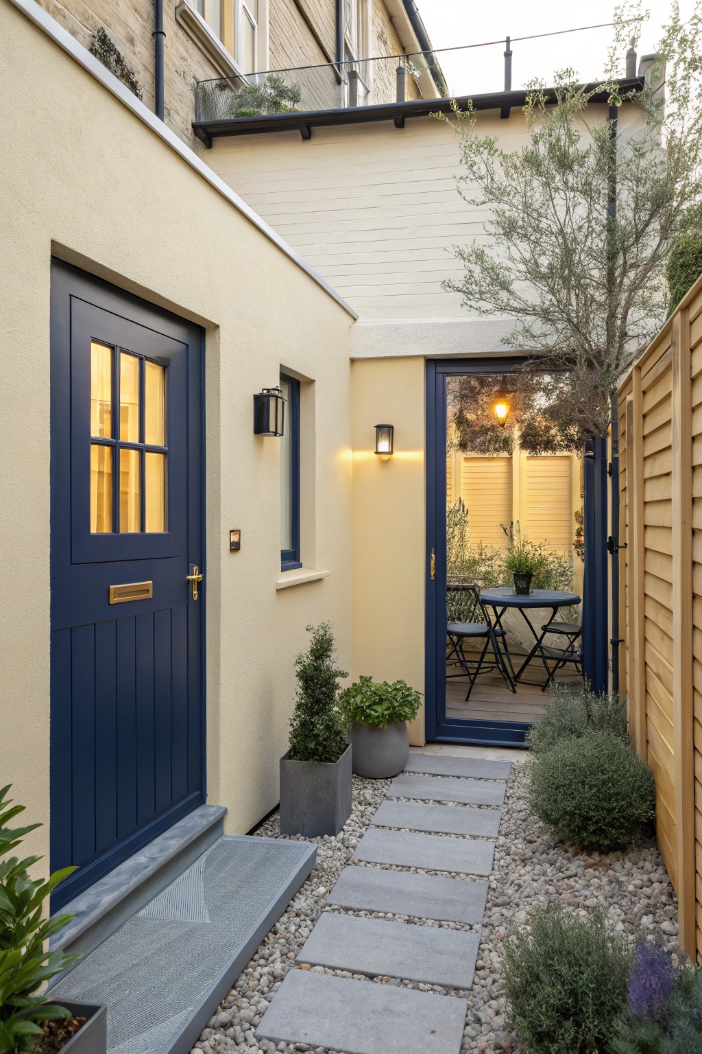 Pale yellow rendered house wall with navy blue paneled front door featuring glass window and brass letter slot, exterior wall lights, stone steps, paved pathway with gravel and container plants leading to open blue-framed glass patio doors and small outdoor seating area enclosed by wooden fence.