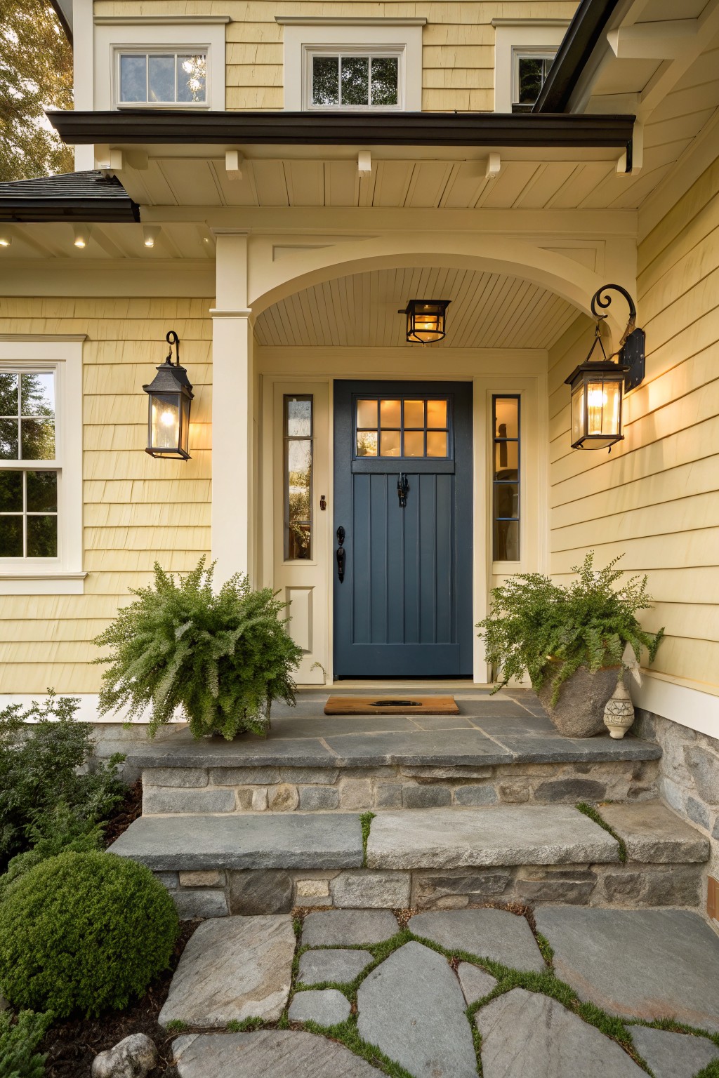 Pale yellow shingle-style house exterior with a navy blue paneled front door under a covered porch supported by white columns, flanked by black lanterns and potted ferns on either side, leading to irregular stone steps.