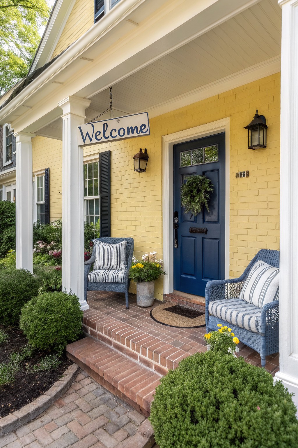 Yellow painted wood and brick house exterior with navy blue front door, white columns on covered porch, two blue wicker armchairs with white and blue striped cushions, potted flowers, brick steps, doormat, lanterns, wreath, and boxwood shrubs.