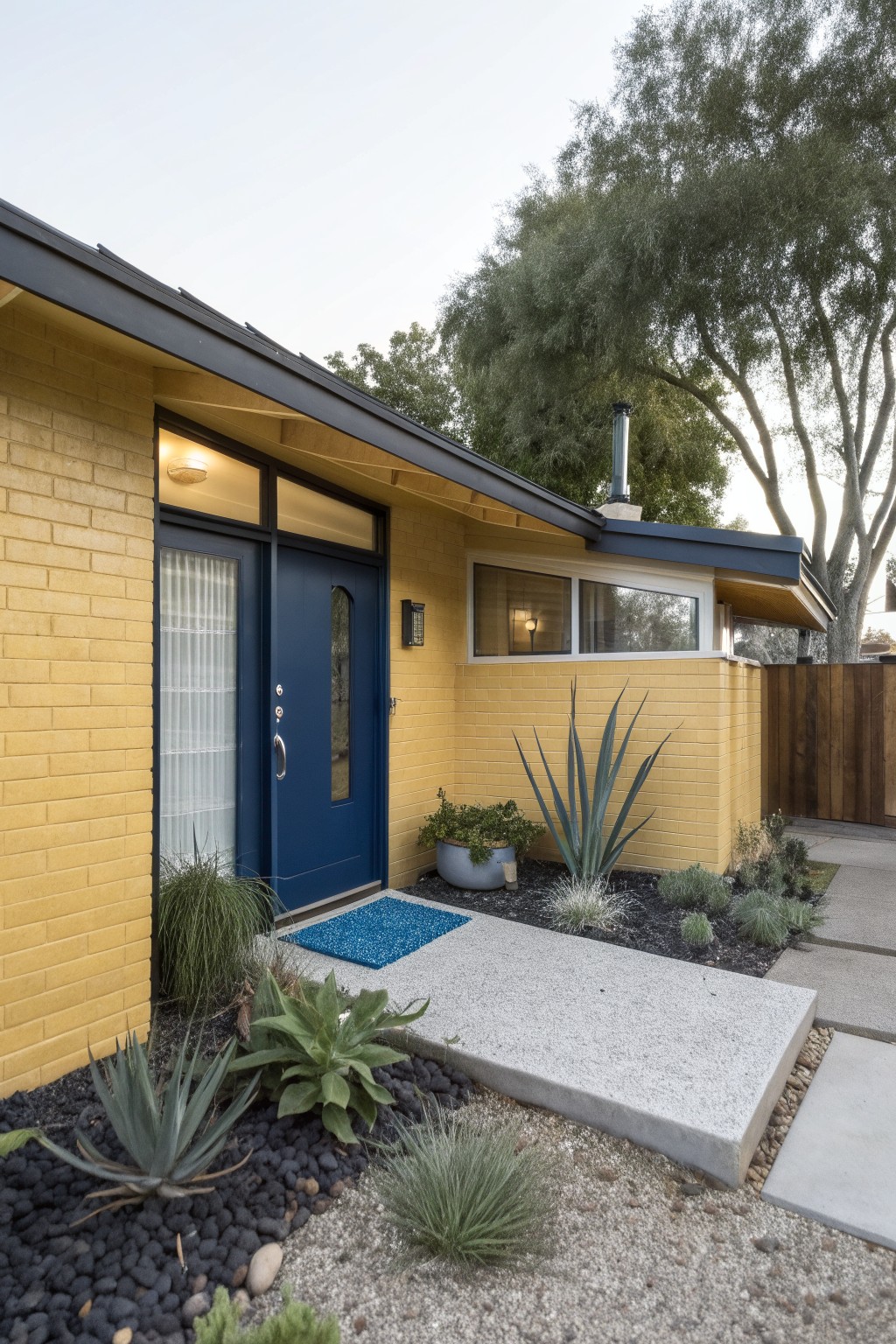 Yellow brick house exterior with a deep blue double front door, sidelight window with sheer curtains, angular roofline, and desert landscaping including agave plants, grasses, and a concrete entry path.