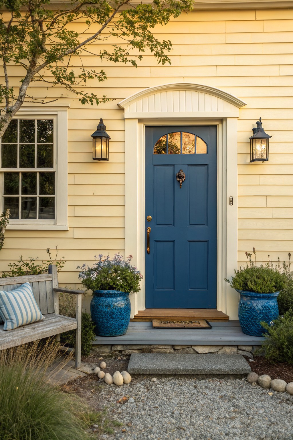 Pale yellow clapboard house exterior with deep blue paneled front door, brass knocker and knob, flanked by wall lanterns, large blue ceramic pots with plants, wooden bench with cushions, and stone steps.