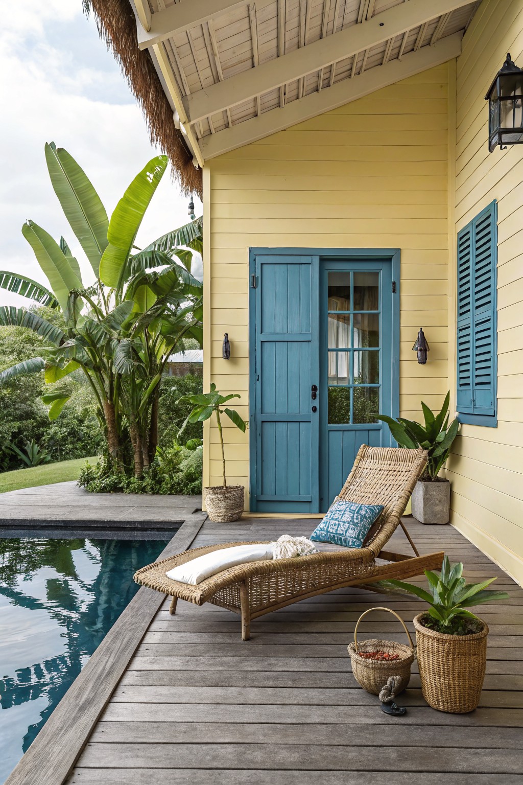 Yellow house exterior with thatched roof overhang, turquoise blue double doors and shutters, potted plants on porch, rattan lounger with cushions on wooden deck beside dark pool, banana plants and greenery in background.
