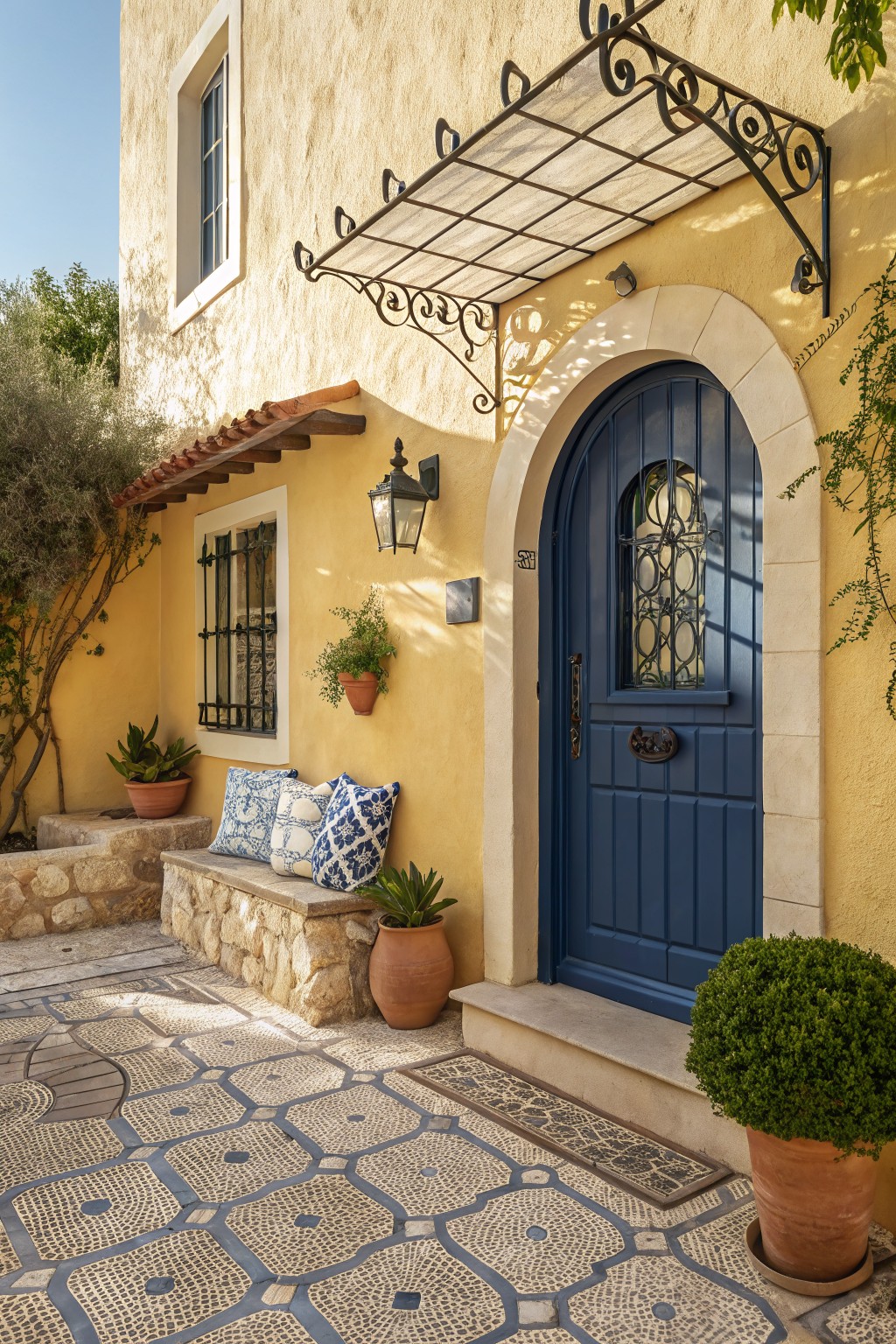 Yellow stucco house exterior with navy blue arched front door, wrought iron details, potted plants, cushions on stone bench, and mosaic tiled patio.