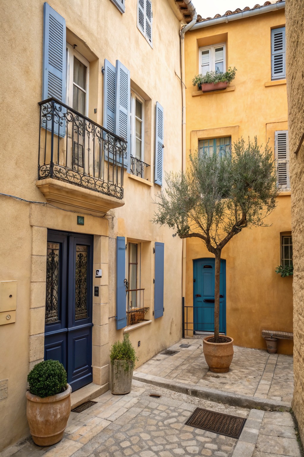Narrow cobblestone alleyway between beige and yellow ochre buildings with blue shutters, wrought-iron balcony, blue doors, olive tree in terracotta pot, and potted plants.