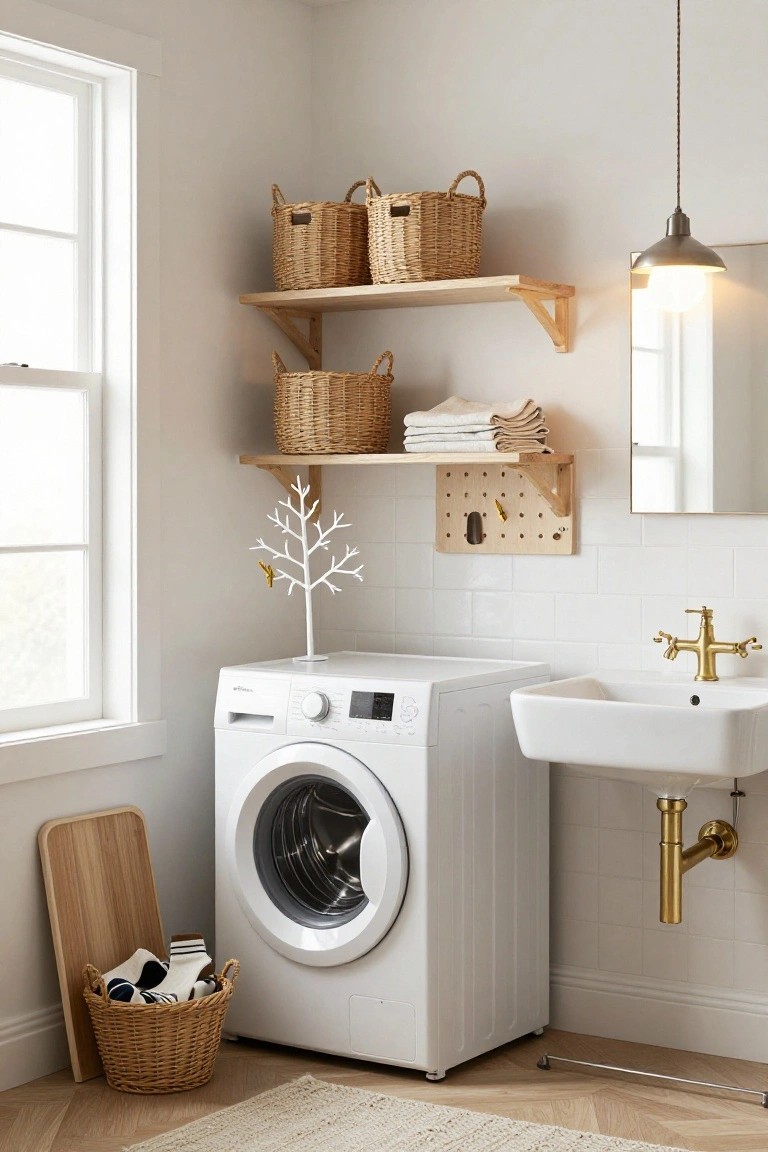 White metal branch tree mounted on a tiled wall in a laundry room, with gold clips holding folded towels, next to wooden shelves with wicker baskets, a white washer, and a white sink with gold faucet.