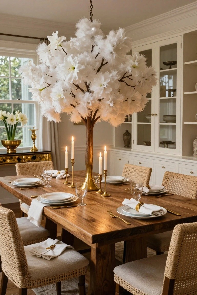 Elegant dining table with white floral centerpiece, gold accents, and woven chairs.