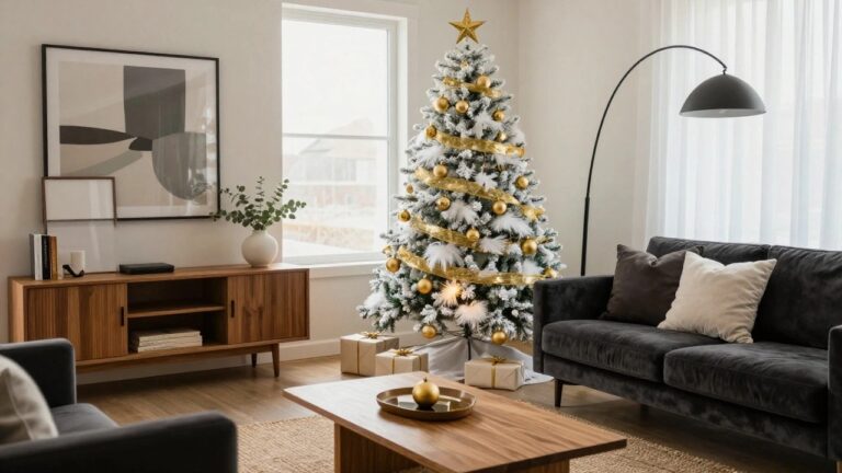 18 Gorgeous Gold and White Christmas Tree Ideas That Glow With Festive Style A tall flocked white Christmas tree decorated with gold ornaments, ribbons, and white lights stands in a modern living room next to a gray sofa, wood bookshelves, and wrapped gifts on the floor.