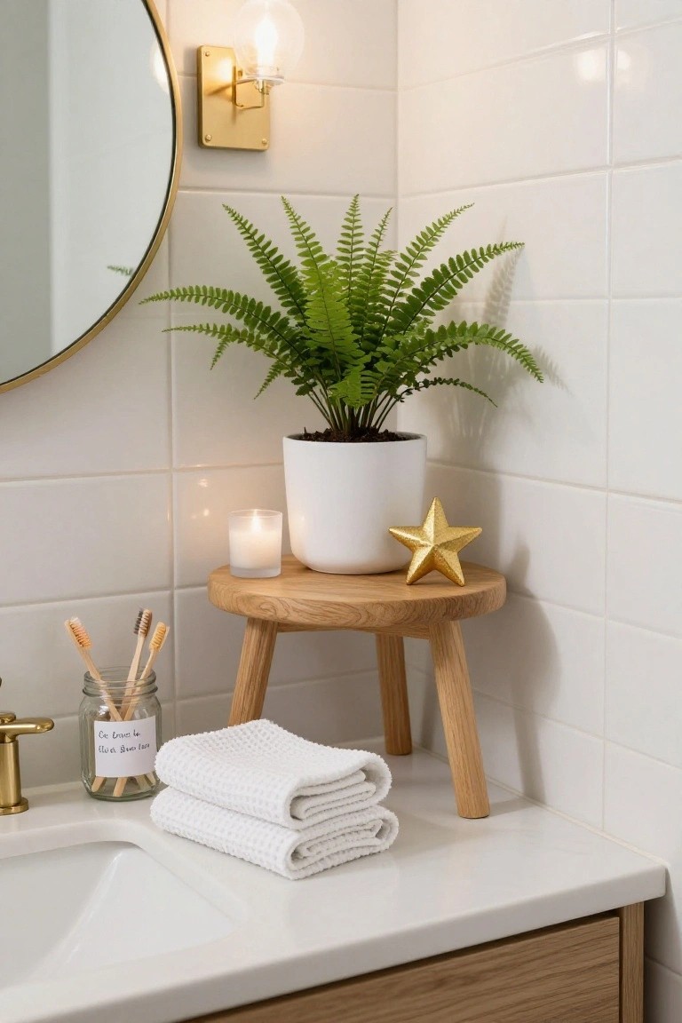White-tiled bathroom corner with gold-framed round mirror, wooden stool topped by potted fern plant, gold star ornament, white candle, jar of bamboo toothbrushes, folded white towels, and gold faucet over white sink.