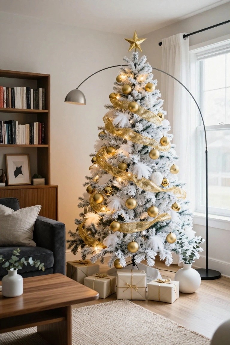 A tall flocked white Christmas tree decorated with gold ornaments, ribbons, and white lights stands in a modern living room next to a gray sofa, wood bookshelves, and wrapped gifts on the floor.