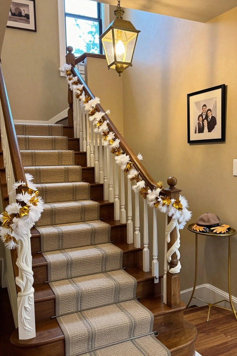 Wooden staircase with beige carpet runner and white spindles, decorated with white pom-pom and gold garland along both banisters, brass lantern pendant light above, family photo frame and side table with hat and gloves at base.