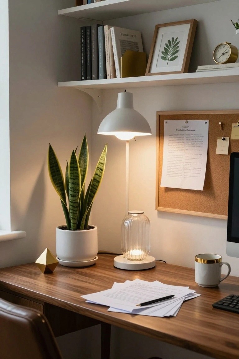 Wooden desk in a white-walled room with snake plant in white pot, white lamp on corkboard wall, gold pyramid ornament, papers and pen, white mug with gold rim, and keyboard near iMac screen.