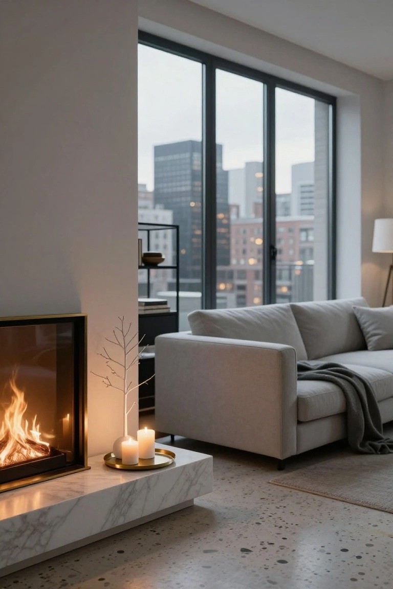 Modern living room interior featuring a marble fireplace with burning fire, white branch decor beside it, gold candles on a tray, gray sofa with throw blanket, and large windows overlooking city skyline.