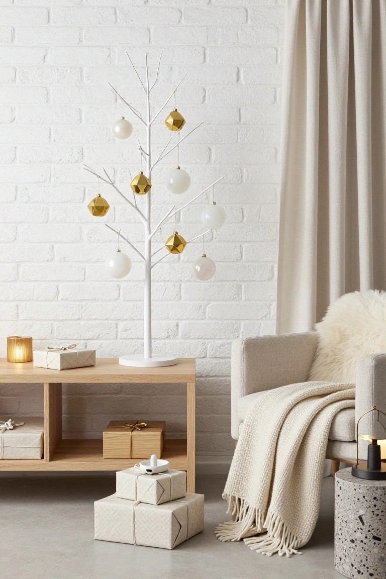 White metal branch Christmas tree decorated with gold geometric ornaments and white glass baubles stands on a wooden console table in a room with white brick walls, next to an armchair with a cream throw and stacked wrapped gifts on the floor.