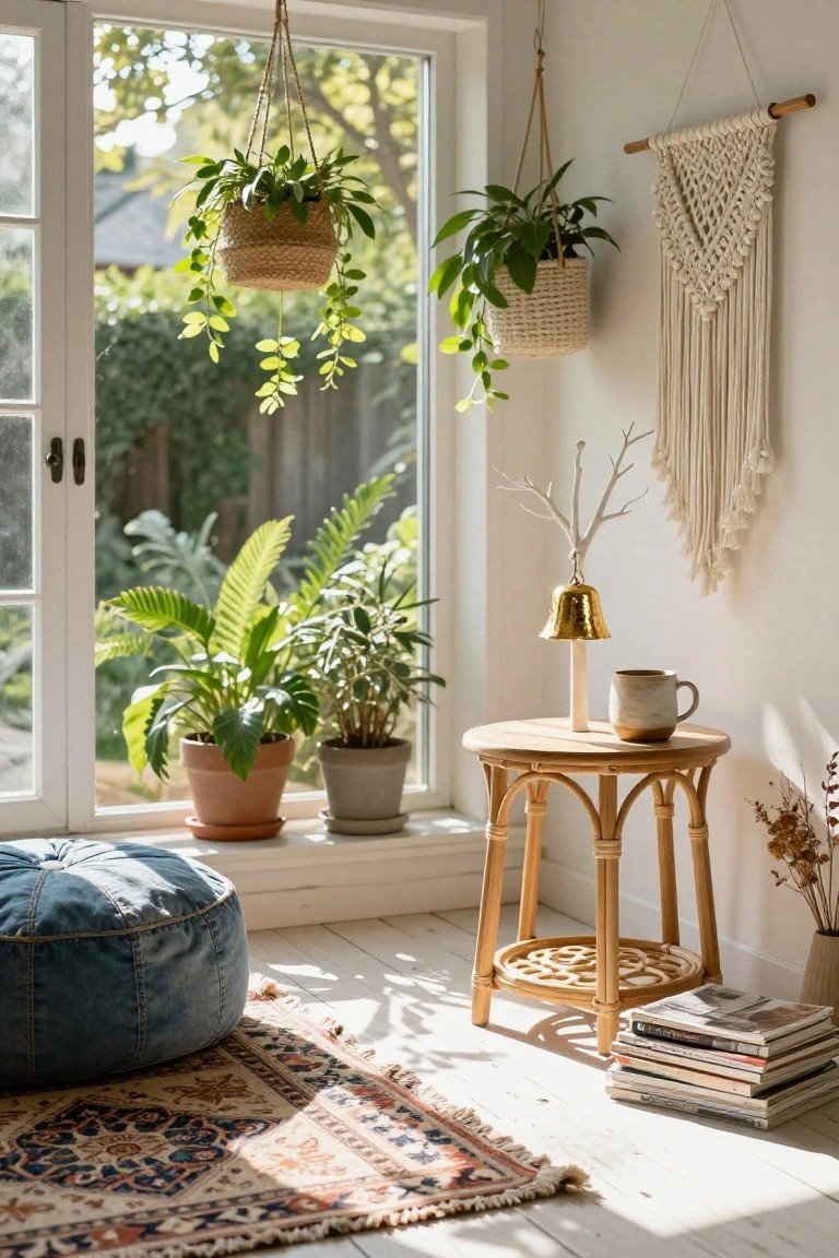 Sunlit indoor corner with large window showing garden outside, hanging basket plants, potted plants on windowsill, macrame wall hanging, rattan side table with gold bell, ceramic mug, stack of books, blue pouf ottoman, and patterned rug on white floor.