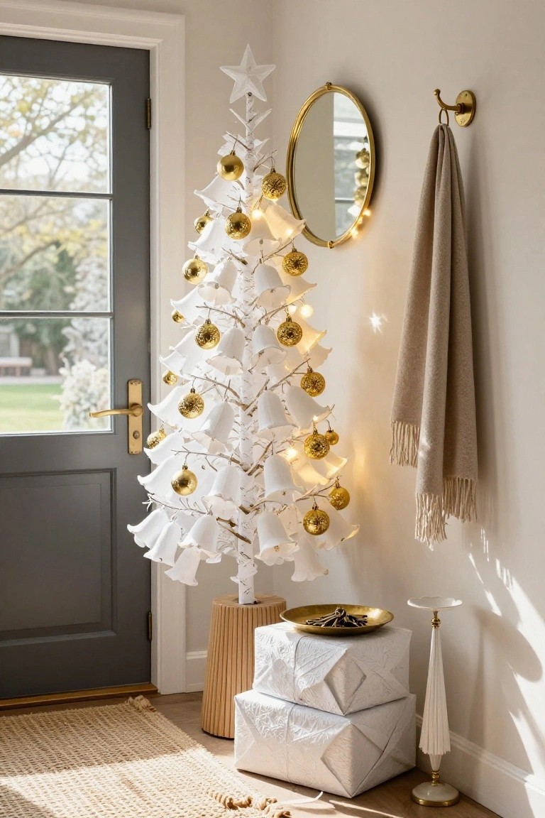 A slim white Christmas tree shaped like layered bells decorated with gold ball and bell ornaments and white lights stands in a light beige entryway next to a dark gray front door with brass handle, beside a gold-framed round mirror, brass towel hook with beige towel, stacked white wrapped gifts on wood stools, white umbrella stand, gold tray with keys, and seagrass rug on wood floor.