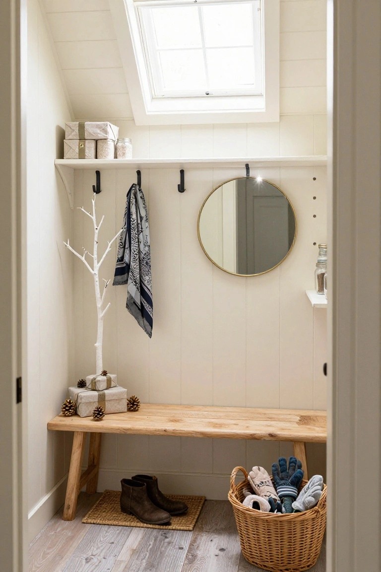 Small white wood-paneled mudroom with sloped ceiling and skylight, featuring a white branch coat rack, wooden bench with boots, gold round mirror, shelves holding wrapped gifts and pinecones, hooks, and wicker basket with gloves.
