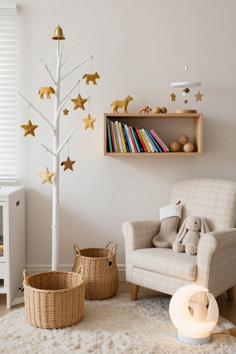 Nursery interior with a tall white branch tree decorated with gold felt stars and animal figures, wooden bookshelf, beige armchair holding stuffed bunny and stocking, wicker baskets, and glowing moon lamp on white fluffy rug.