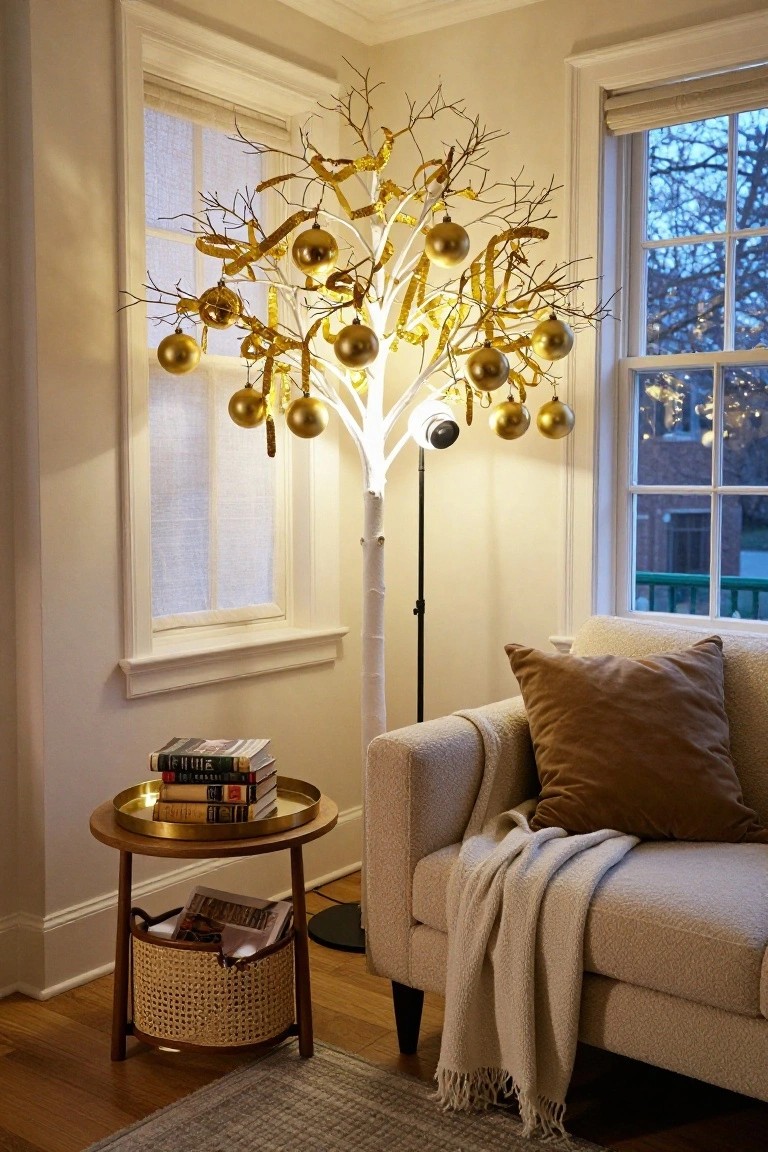Tall white artificial Christmas tree with branching twigs, gold ornaments, and integrated lights functioning as a floor lamp in a light-colored living room corner next to a beige sofa, wooden side table with books and tray, and windows with blinds.