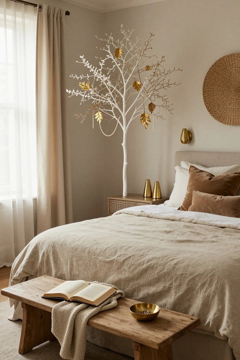 Bedroom corner with tall white Christmas tree decorated in gold leaves and beads, beige upholstered bed with velvet pillows, rattan nightstand holding gold vases, woven wall hanging, and wooden bench with open book and brass bowl.