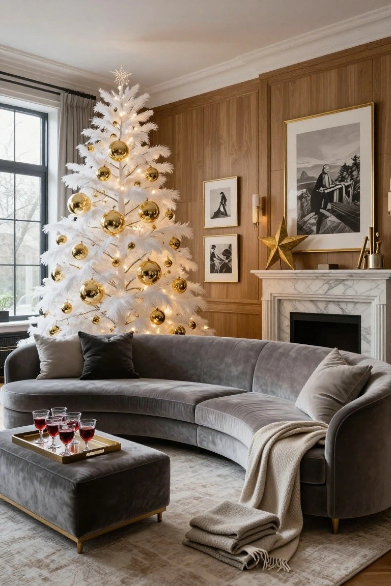 A living room with a tall white flocked Christmas tree decorated in gold baubles and lights, near a wood-paneled wall, marble fireplace, gold star sculpture, and curved gray velvet sofa with a gold tray holding red wine glasses on an ottoman.