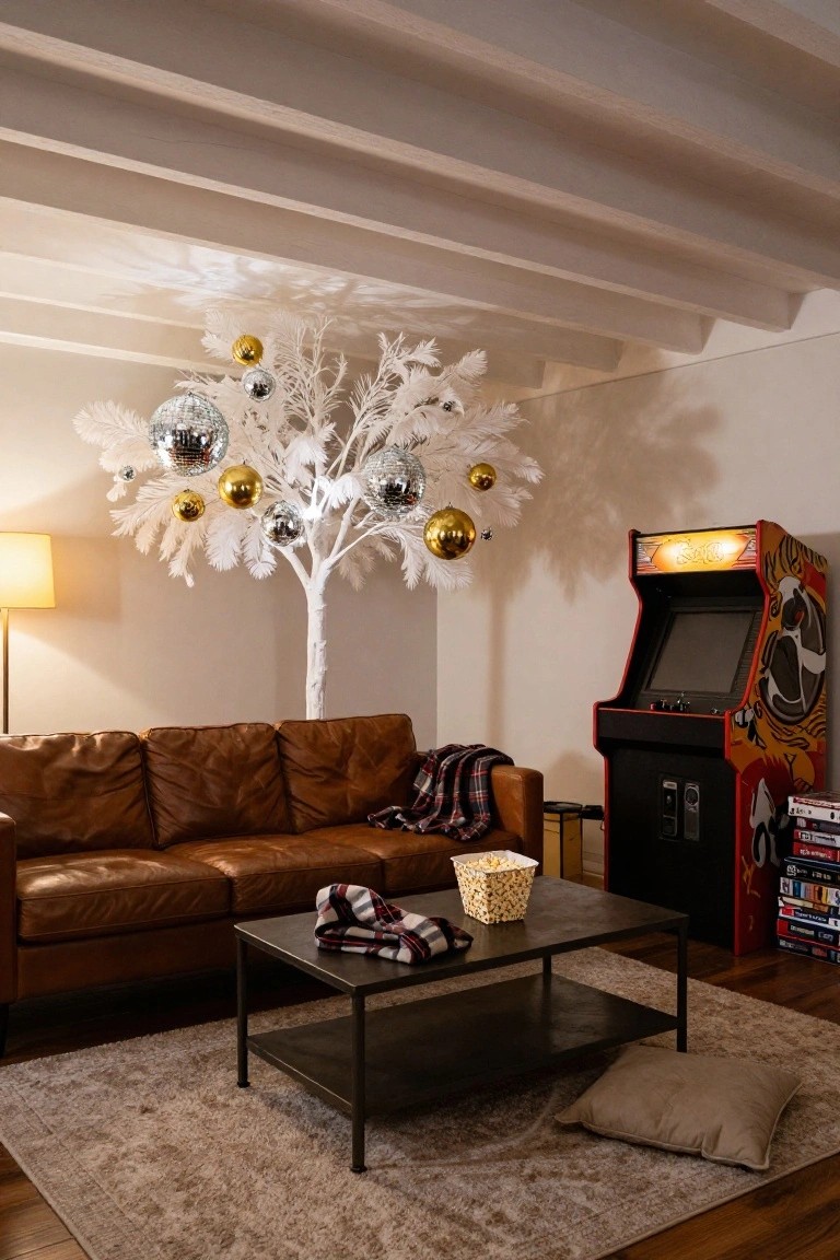 Living room with tall white artificial Christmas tree on wall decorated with gold and silver disco balls, brown leather sofa, black metal coffee table holding popcorn bowl and blanket, beige rug, and red Pac-Man arcade machine nearby.