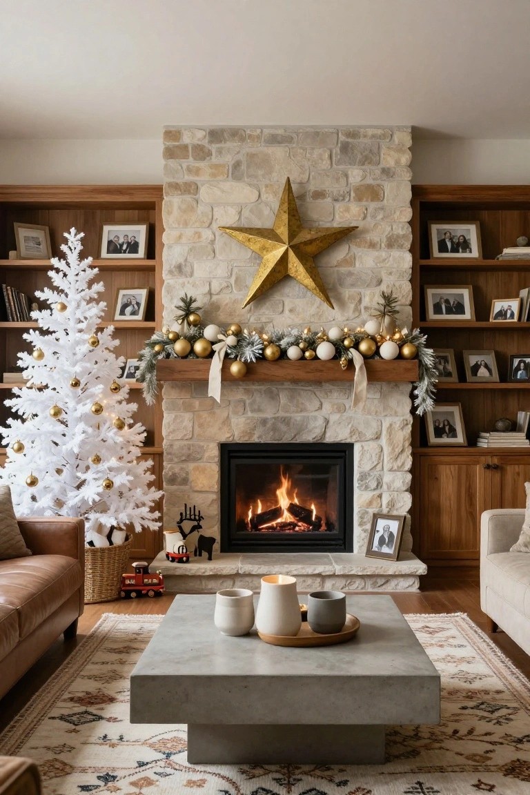 Living room with white artificial Christmas tree decorated in gold and white ornaments next to a stone fireplace topped with gold garland and star, wood bookshelves with photos, beige sofa, tan leather chair, concrete coffee table with white ceramic mugs and candles, patterned rug.