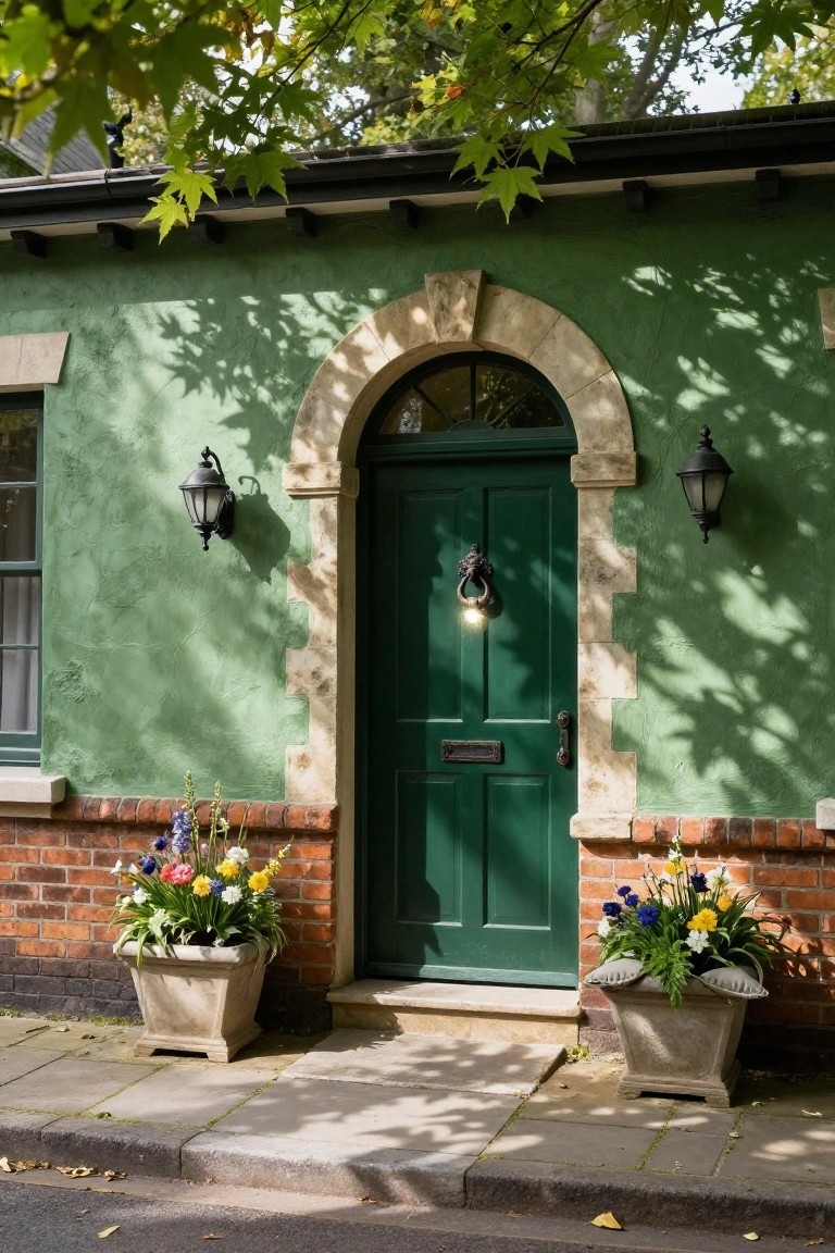 Green stucco cottage exterior featuring a dark green front door under a beige stone archway, flanked by black lanterns and large terracotta pots of colorful flowers on brick bases.