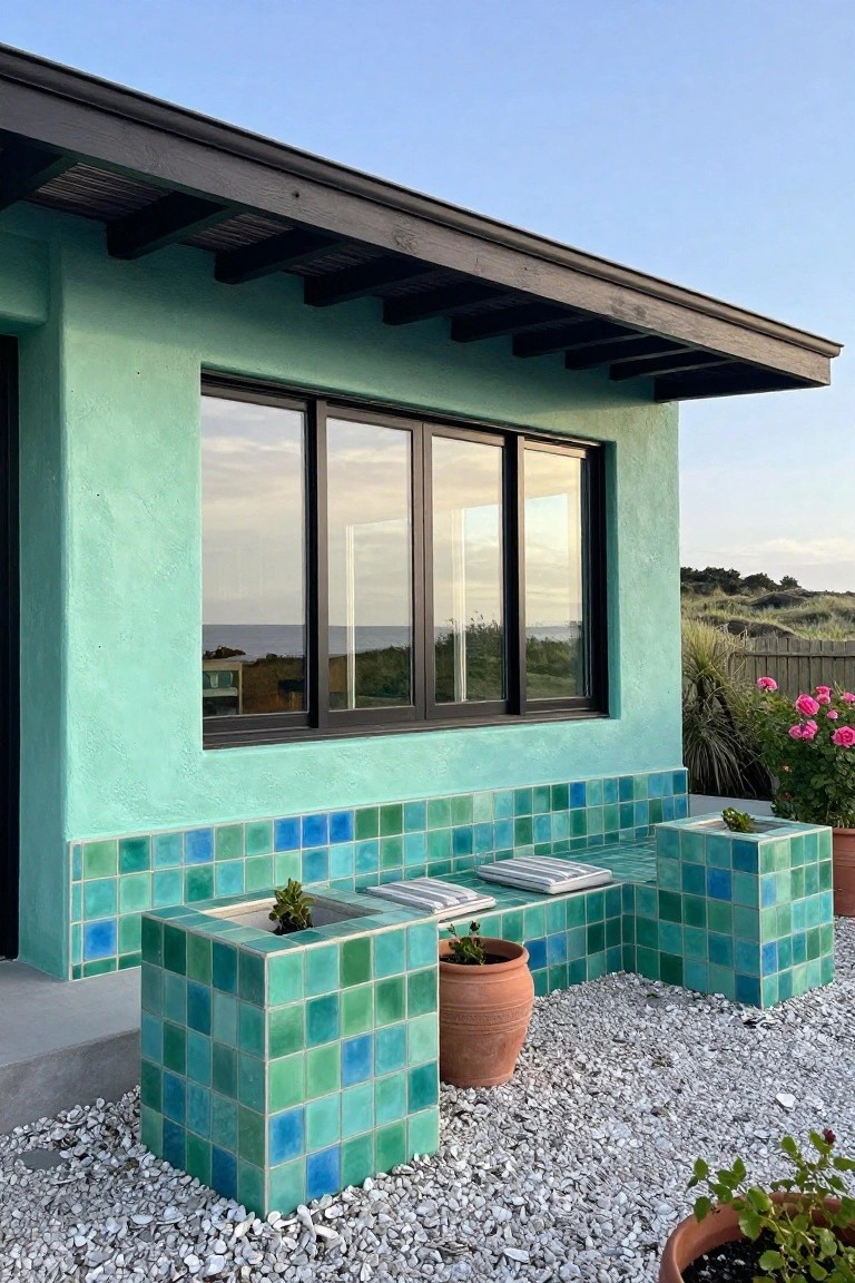 Mint green stucco house wall with large black-framed window, turquoise mosaic tiled built-in bench and planters at the base, gravel ground, potted plants, and ocean view in the distance.
