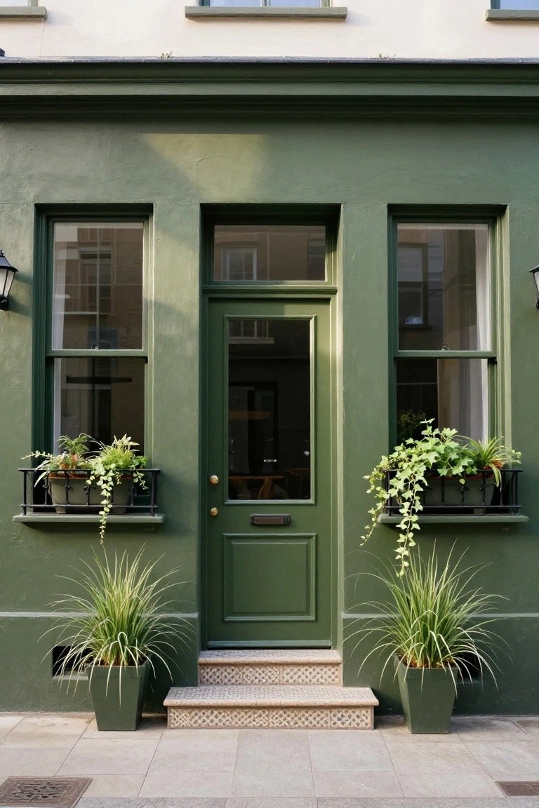 Green-painted two-story townhouse facade with central dark green door, sash windows, plant-filled window boxes, and potted grasses flanking stone entry steps.