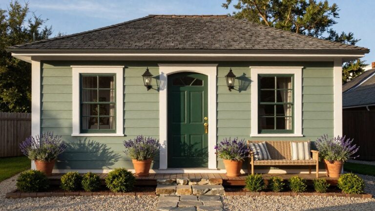 Small house exterior painted mint green with white trim and columns on a covered porch, featuring a dark green front door, wall lanterns, and potted lavender plants beside stone steps on a gravel driveway.