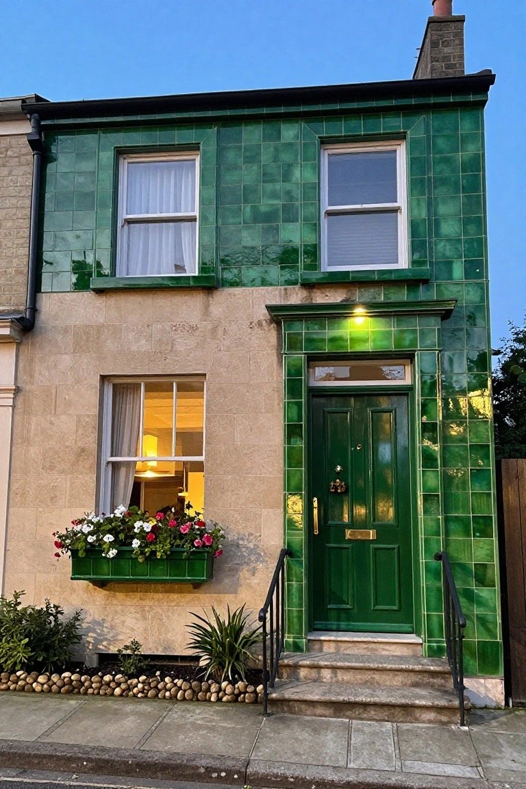 Two-story terraced house with glossy green tiles covering the right facade, beige stone on the left side, green front door, flower box on beige window, plants, pebbles, and steps at the entry.